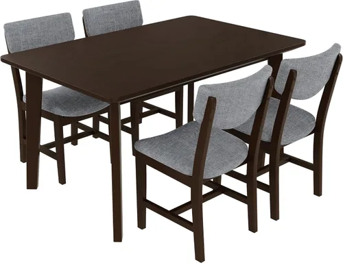 Vista 7 de Mesa de comedor de madera de 5 piezas y 4 sillas tapizadas, mesa rectangular con sillas, asiento y respaldo acolchados de lino para comedor, cocina