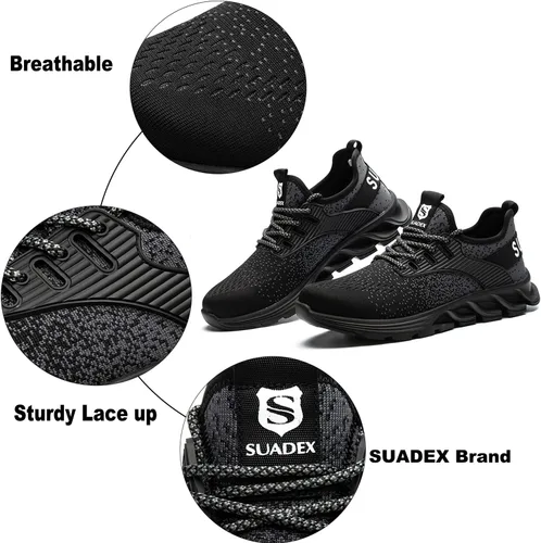 Vista 4 de SUADEX Zapatos deportivos con punta de acero para hombres y mujeres, zapatos de trabajo indestructibles, ligeros, cómodos, zapatos de seguridad