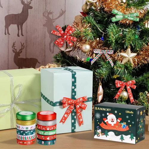 Vista 3 de SANNIX 12 rollos de cinta de Navidad de 60 yardas para envoltura de regalos, cinta de envoltura de Navidad de 3/8 pulgadas con estampado de copos