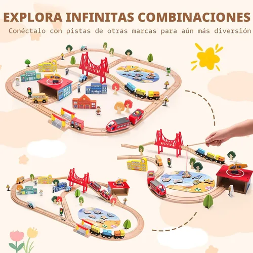 Vista 5 de Juego de tren de madera de 118 piezas, juego de tren urbano con tren eléctrico y juego de pesca, compatible con las principales marcas, regalo ideal