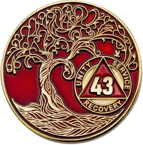 Vista 183 de 1 año Sobriety Mint Twisted Tree of Life Medallón de recuperación AA chapado en oro, chip/ficha - negro