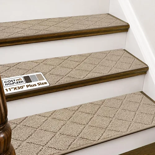 Vista 27 de COSY HOMEER - Alfombra antideslizante para escaleras, para interiores y escalones de madera, para niños y perros, 100 % poliéster, base de Beige