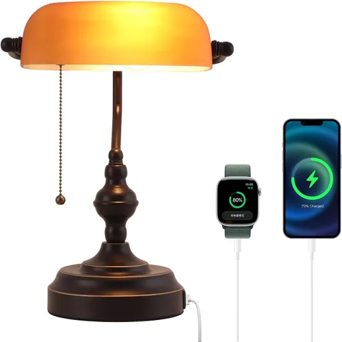 Vista 10 de Lámpara de escritorio de banquero de cristal verde, lámparas de escritorio antiguas con puerto de carga USB, lámpara tradicional de biblioteca