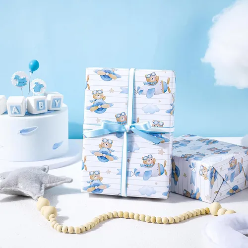 Vista 6 de WRAPAHOLIC Papel de regalo de oso para baby shower, mini rollo, 3 rollos, 17 x 120 pulgadas, diseño de oso de aventura en avión y fiesta para baby