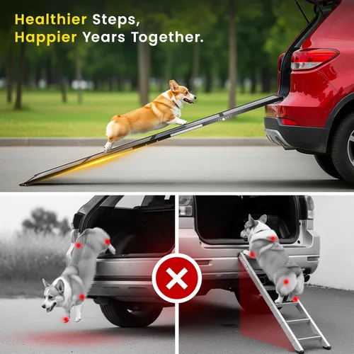 Vista 4 de Rampa portátil para perros para automóvil, rampa plegable para automóvil, camión, SUV, cama alta y sofá con pies antideslizantes y alfombra