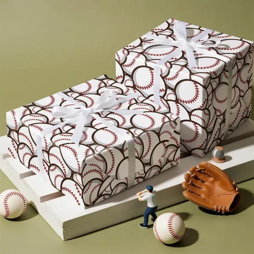 Vista 6 de WRAPAHOLIC Rollo de papel de regalo de béisbol - Rollo mini - 17 pulgadas x 9.8 pies - Papel de regalo deportivo clásico de béisbol, perfecto