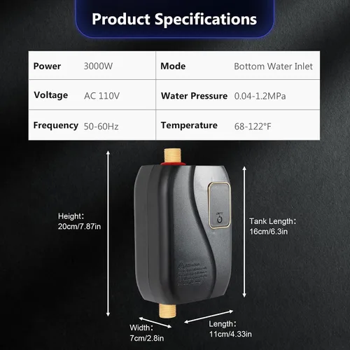 Vista 7 de Calentador de agua eléctrico, calentador de agua caliente de 3000 W 110 V, mini calentador de agua eléctrico instantáneo sin tanque, calentador