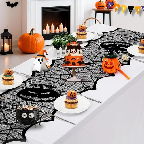 Vista 3 de B-COOL Camino de mesa de telaraña de Halloween, tela de araña negra, 2 paquetes de 18 x 72 pulgadas, mantel espeluznante de poliéster para fiestas