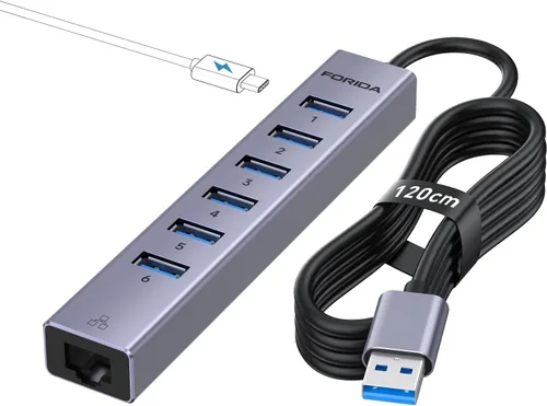 Vista 8 de Hub USB 3.0 de 7 puertos, USB a concentrador de red con cable de 3.9 pies de largo para laptop, divisor USB con puerto Gigabit Ethernet y puerto
