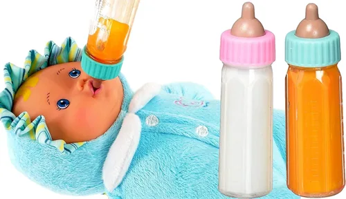 Vista 6 de Ja-Ru Biberones mágicos para muñecas de bebé, botella de leche y botella de jugo, accesorios para muñecas de bebé. Set con 2 botellas. 701-1