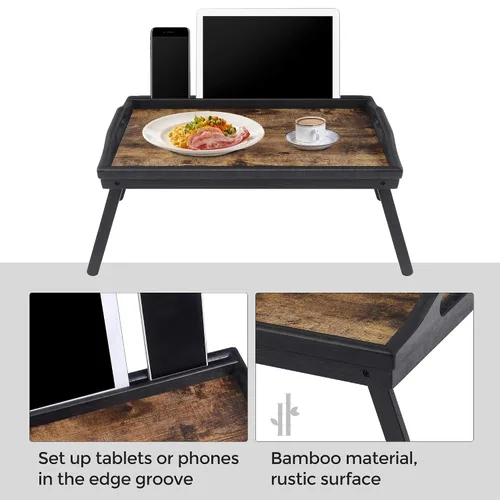 Vista 2 de SONGMICS Mesa de cama con patas plegables de bambú, bandeja de desayuno para sofá, bandeja de servir con ranura para tableta de teléfono, marrón