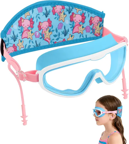 Vista 10 de Axolotl - Gafas de natación para niños pequeños, correa de tela, sin dolor, antiniebla, tapones para los oídos antifugas para niños y niñas