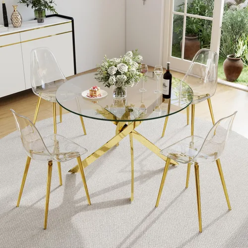 Vista 10 de Juego de mesa de comedor de cristal redondo transparente para 4, juego de mesa de cocina circular de 5 piezas, juego de mesa de comedor circular