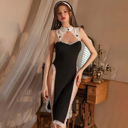 Vista 2 de Cheongsam - Lencería para mujer, para sexo, juego travieso, monja sexy, cosplay, juegos de rol, vestido de lencería con traje de tocado