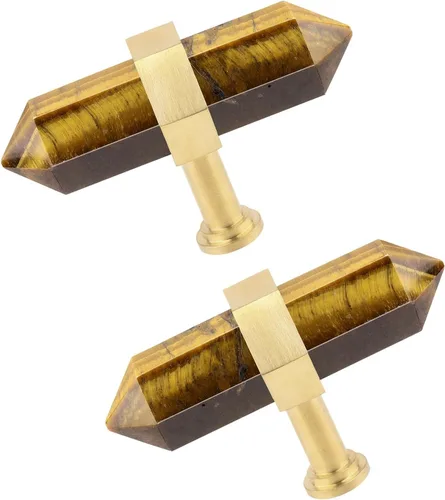 Vista 20 de TUMBEELLUWA Paquete de 2 pomos de cristal de obsidiana negra con tornillos, tiradores hexagonales de latón cepillado para cocina y decoración