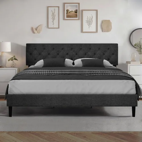 Vista 31 de HOMBCK Base de cama de tamaño individual con cabecera, base de cama tapizada con plataforma de lino para niños, base de cama de tamaño individual