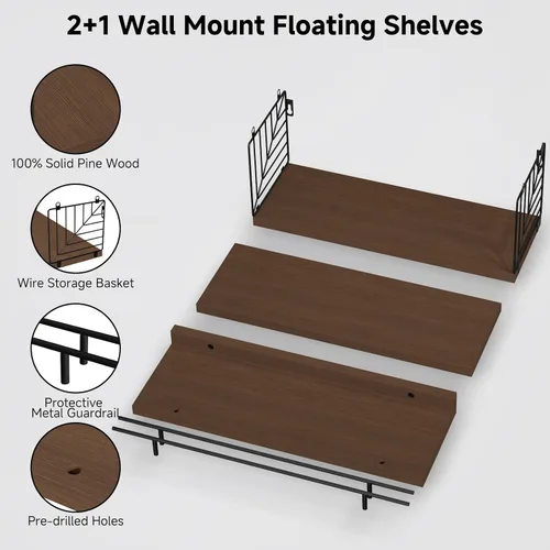 Vista 4 de Estantes flotantes para pared, estante flotante para baño, juego de 3, estante flotante para pared con soporte de papel higiénico para baño, Marrón