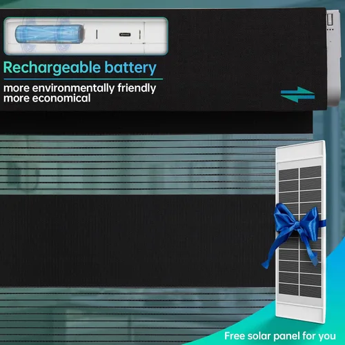 Vista 2 de Persianas de cebra motorizadas, persianas automáticas de doble capa con energía solar y control remoto, persianas eléctricas inalámbricas