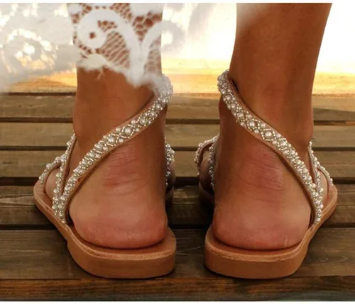 Vista 4 de AIHOU Sandalias para mujer estilo bohemio con punta de perlas de cristal sandalias planas informales cómodas con tiras para mujer