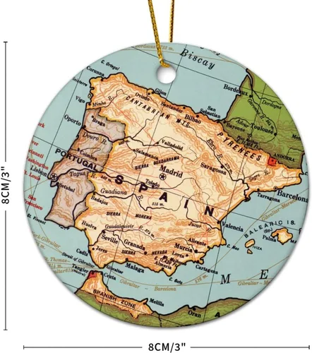 Vista 2 de Adorno de Navidad con mapa de España, adorno de árbol de Navidad, destino de 3.2 pulgadas, dos lados impresos con cuerda dorada, adorno moderno
