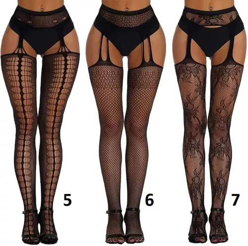 Vista 4 de Medias de red para mujer, medias altas hasta el muslo, pantimedias con liguero para mujeres y niñas, color negro, Negro