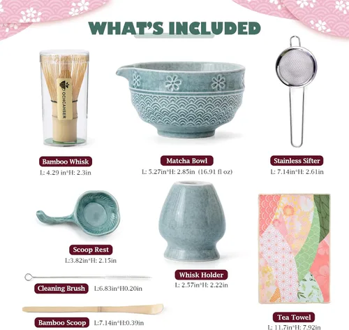 Vista 5 de Juego de té Matcha, kit japonés de 8 piezas con cuenco cerámico de diseño de flores de cerezo y olas, batidor de bambú, soporte para batidor