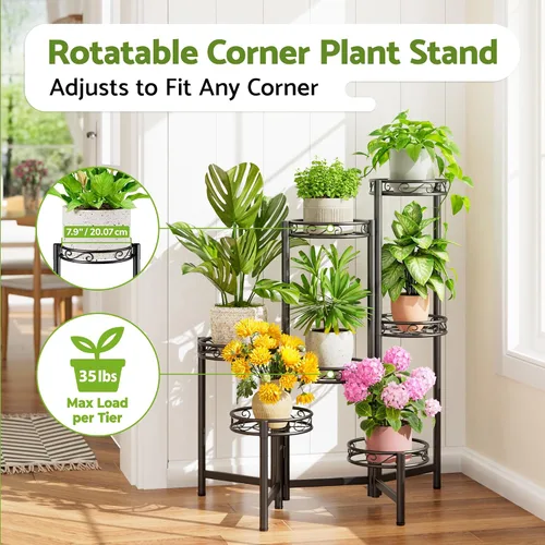 Vista 2 de Soporte de metal para plantas de 7 niveles, estante alto de hierro forjado para plantas para interiores, exteriores, soporte plegable alto