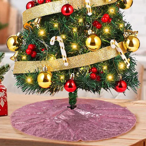 Vista 12 de ShinyBeauty Falda de árbol de Navidad rosa claro de 24 pulgadas, falda de lentejuelas para lápices/mini árboles, cubierta navideña para Año Nuevo