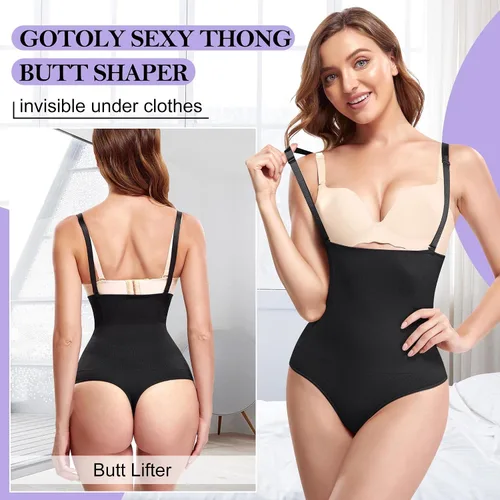 Vista 3 de Gotoly Tanga para mujer, entrenador de cintura, control de abdomen, cintura alta, levantamiento de glúteos, faja moldeadora para mujer