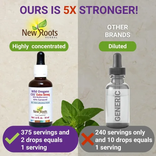 Vista 4 de NEW ROOTS HERBAL Gotas de aceite de orégano silvestre Extra fuerte con 93% de carvacrol (1 onza líquida) 547 porciones, aceite de concentración