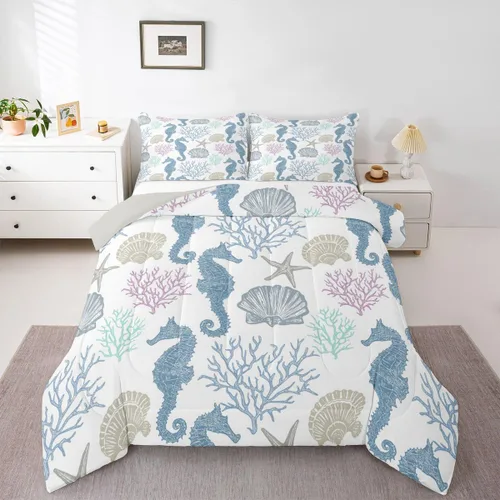 Vista 26 de Erosebridal Blue Ocean - Juego de edredón tamaño individual Juego de ropa de cama de ballena delfín y tortuga marina para niños y niñas, juego