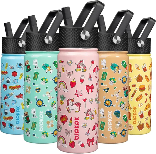 Vista 39 de BJPKPK Botella de agua con tapa con pajilla, botella de agua aislada de 15 onzas, botellas de agua de metal de acero inoxidable, termo reutilizable