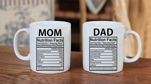 Vista 3 de AW Fashions Mom & Dad Nutritional Facts - Juego de tazas de café divertidas de cerámica blanca de 11 onzas para marido y esposa, él y ella, regalo