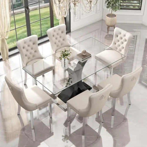 Vista 2 de Juego de comedor de cristal moderno de lujo de 7 piezas, juego de cena rectangular minimalista grande para 6, mesa de cocina de cristal transparente
