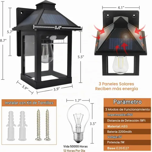 Vista 3 de Paquete de 2 faroles solares para exteriores, impermeables, IP65, 3 modos inalámbricos, sensor de movimiento del atardecer al amanecer, luces LED