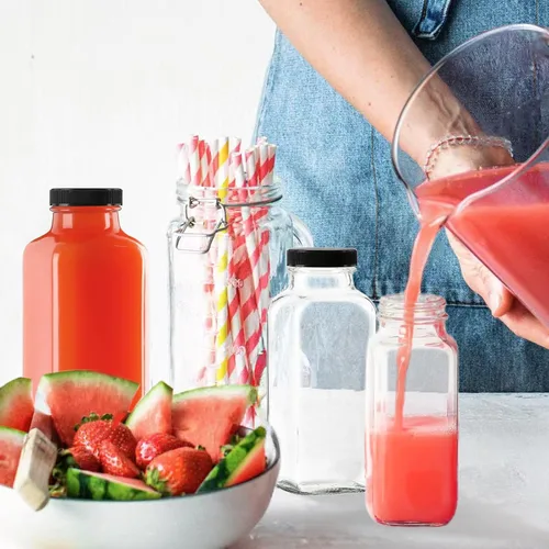 Vista 4 de Botellas de jugo de vidrio de 8 onzas con tapas, paquete de 3 - Frascos reutilizables pequeños para jugos verdes, shots y batidos