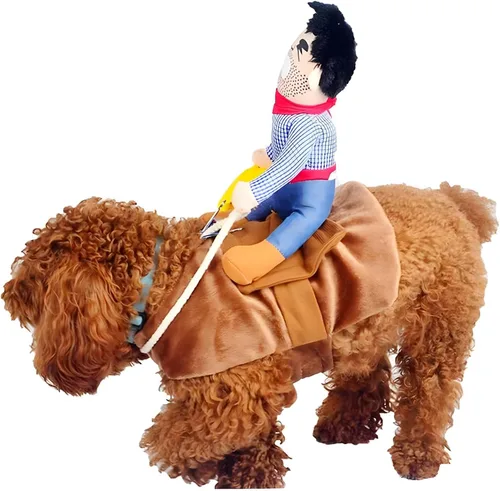 Vista 2 de Disfraz de vaquero para perro, disfraz de jinete de perro de Halloween, ropa divertida de Chucky con muñeca y sombrero, disfraces para perros