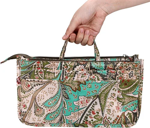 Vista 7 de BTSKY Organizador de bolso de mano de impresión dentro del bolso, alta capacidad, 13 bolsillos, organizador con asa, flor de pavo real