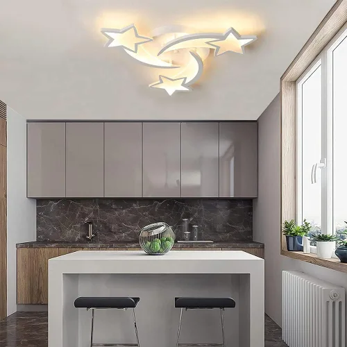 Vista 8 de Lámpara de techo LED moderna, lámpara de techo empotrada en forma de estrella de 45 W, 3 cabezales, control remoto regulable cerca de lámparas