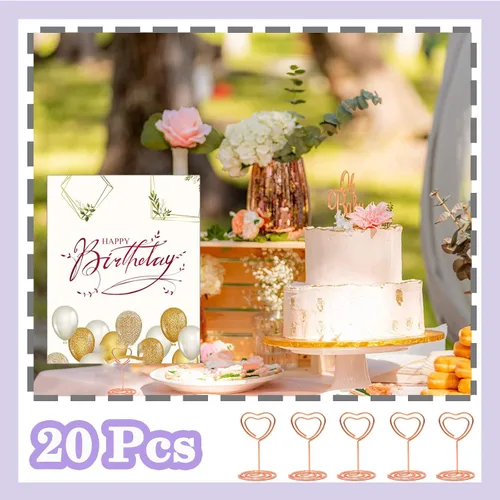 Vista 3 de CUNGLIN Soporte para números de mesa, soporte para tarjetas de lugar, paquete de 20 unidades, soporte dorado en forma de corazón para bodas