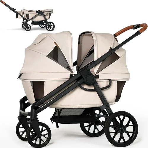 Vista 11 de Cochecito vagón para 2 niños, todo terreno con toldo extraíble de protección UV, mango ajustable para empujar/tirar, bandeja para aperitivos y Negro