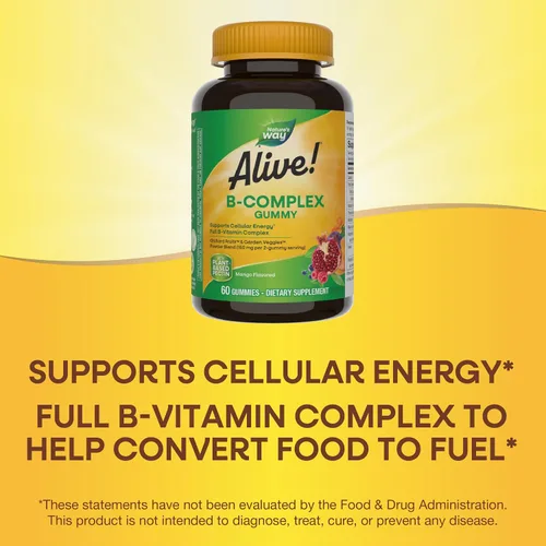 Vista 3 de Nature's Way ¡Alive! Gomitas de complejo de vitamina B, apoyo de energía celular*, 8 vitaminas B, vegetarianas, sabor mango, 60