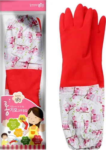 Vista 2 de Myungjin Forro polar, puño largo, reutilizables, impermeables, para lavar platos, antideslizantes, guantes de goma de limpieza (1)