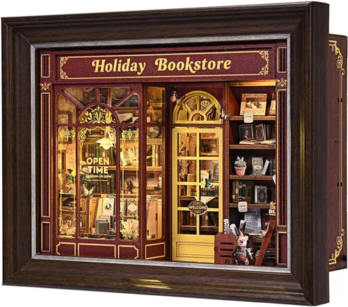 Vista 12 de Kit de rincón de libros, rompecabezas de madera 3D con control de interruptor LED y marco para montar en pared, casa en miniatura