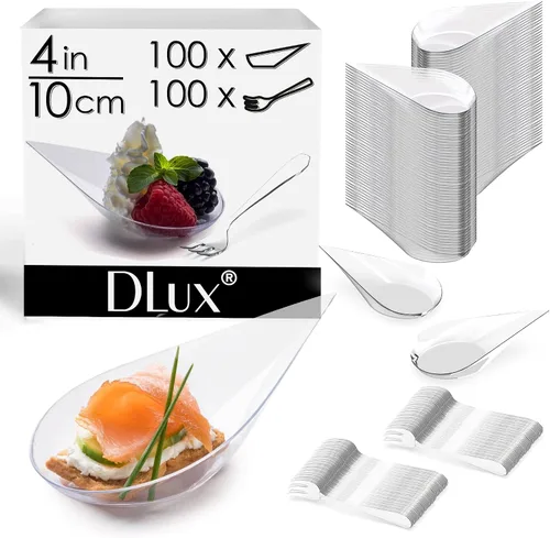 Vista 2 de DLux 100 mini platos de aperitivo en forma de lágrima de 4 pulgadas con tenedores, cucharas de plástico transparente reutilizables - platos