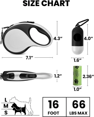 Vista 2 de Correa retráctil para perro con luz LED, correa recargable de 16 pies para perros pequeños y medianos de hasta 66 libras, 360° sin enredos, control
