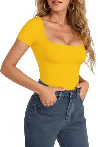 Vista 65 de MANGOPOP - Body de manga corta con cuello cuadrado para mujer