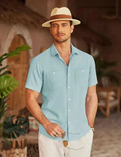 Vista 2 de COOFANDY Mens Linen Shirts Beach Casual Button Down Short Sleeve Shirt Summer