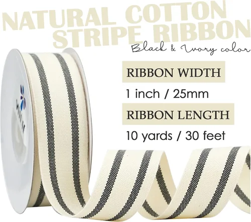 Vista 2 de MEEDEE Cinta de tela a rayas de algodón natural de 1 pulgada, cinta de rayas blancas y negras para manualidades, envoltura de regalos, decoración