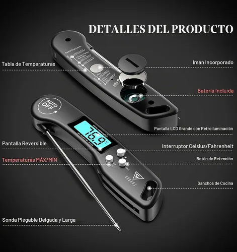 Vista 9 de DOQAUS Termómetro digital para carne, termómetro de alimentos de lectura instantánea para cocinar con pantalla retroiluminada y giratoria Negro